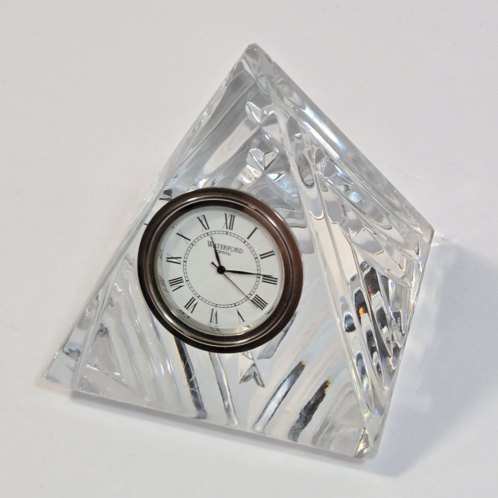 Waterford Crystal Pyramid Desk Clock Made in Ireland Cut Glass Roman Numeral 4"